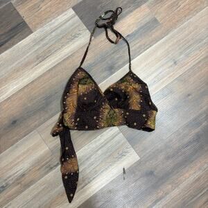 Mexicali Blues OSFA Tribal Halter Tie Back Bralette Summer Bra Brown Rayon